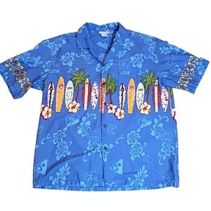 Vtg Hawaiian shirt surfboards palm trees Winnie fashion cotton XL